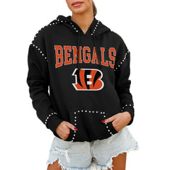 Cincinnati Bengals Gameday Couture Women's Oversized Catch the Vibe Studded Pullover Hoodie Black | NFL