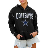 Dallas Cowboys Gameday Couture Women's Oversized Catch the Vibe Studded Pullover Hoodie Black | NFL