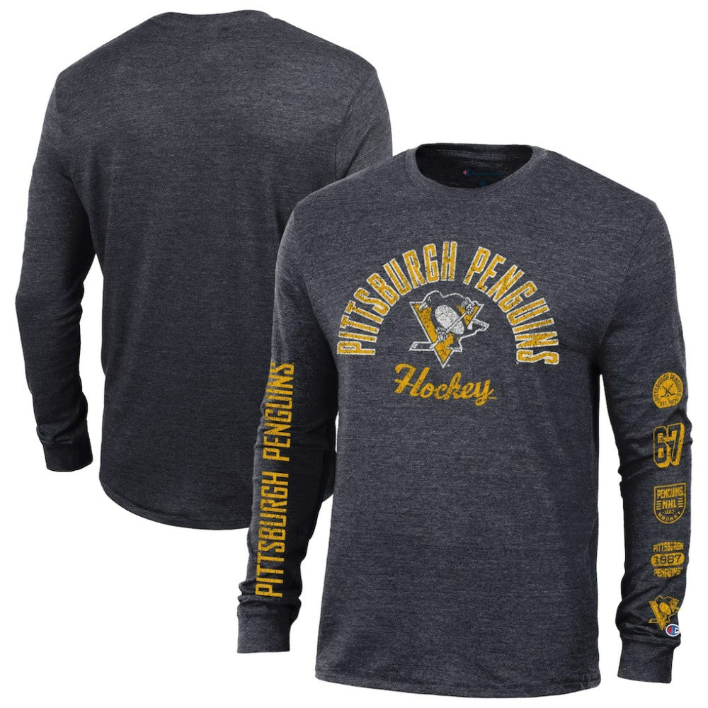 Pittsburgh Penguins Champion Multi-Logo Tri-Blend Long Sleeve T-Shirt - Heather Black - NHL