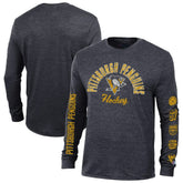 Pittsburgh Penguins Champion Multi-Logo Tri-Blend Long Sleeve T-Shirt - Heather Black - NHL