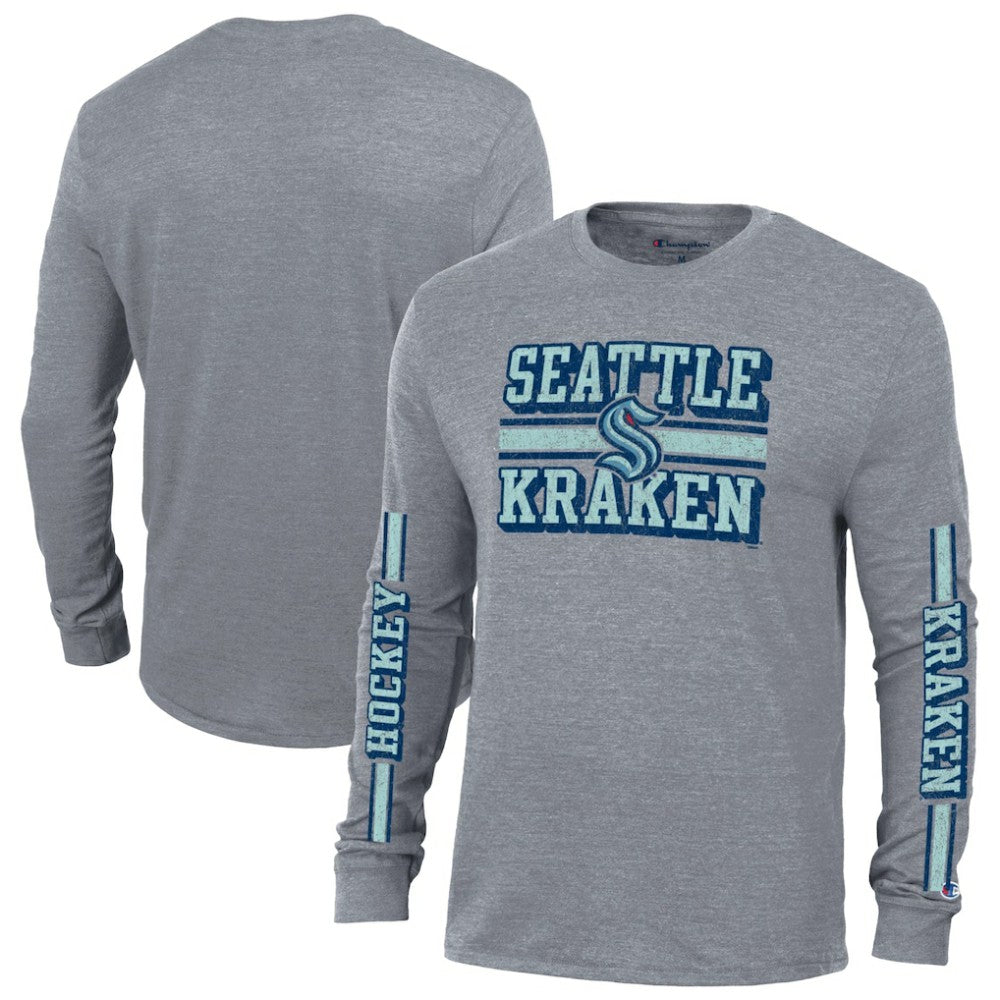 Seattle Kraken Champion Tri-Blend Dual-Stripe Long Sleeve T-Shirt - Heather Gray - NHL