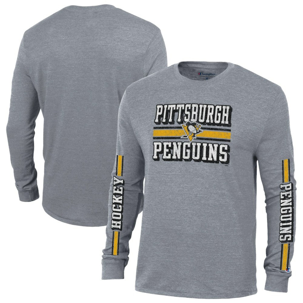 Pittsburgh Penguins Champion Tri-Blend Dual-Stripe Long Sleeve T-Shirt - Heather Gray - NHL