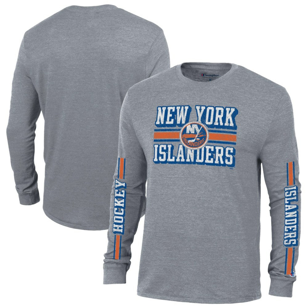 New York Islanders Champion Tri-Blend Dual-Stripe Long Sleeve T-Shirt - Heather Gray - NHL