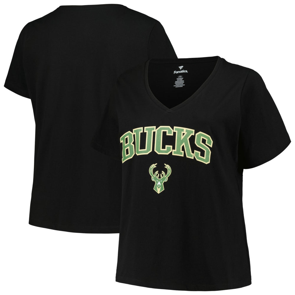 Milwaukee Bucks Profile Women's Plus Size Arch Over Logo V-Neck T-Shirt Black - NBA