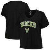 Milwaukee Bucks Profile Women's Plus Size Arch Over Logo V-Neck T-Shirt Black - NBA