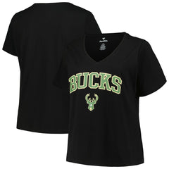 Milwaukee Bucks Profile Women's Plus Size Arch Over Logo V-Neck T-Shirt Black - NBA