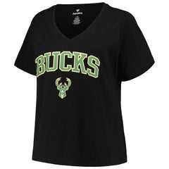 Milwaukee Bucks Profile Women's Plus Size Arch Over Logo V-Neck T-Shirt Black - NBA
