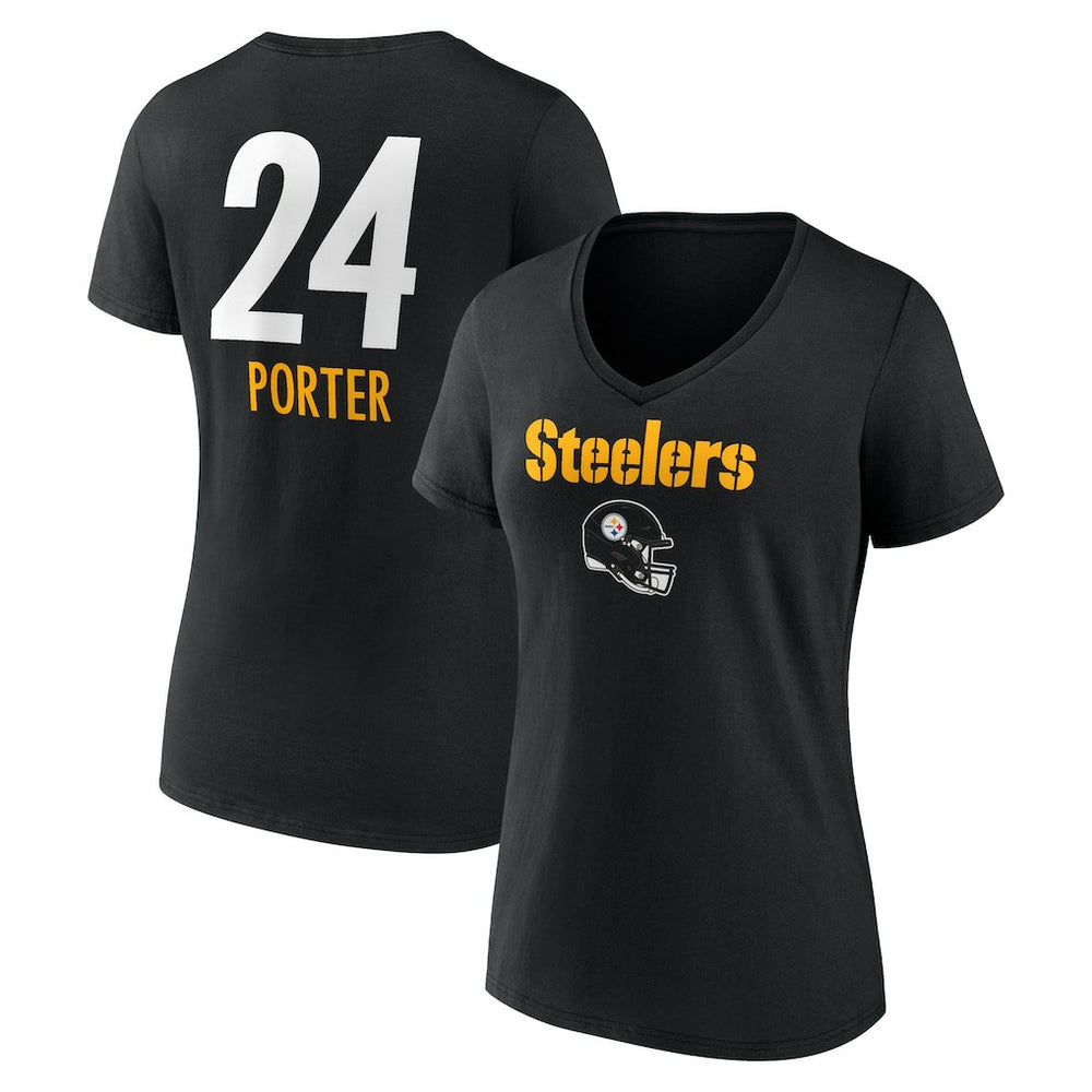 Joey Porter Jr. Pittsburgh Steelers Women's Team Wordmark Player Name & Number V-Neck T-Shirt Black | NFL