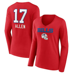 Josh Allen Buffalo Bills Women's Team Wordmark Player Name & Number Long Sleeve V-Neck T-Shirt Red | NFL