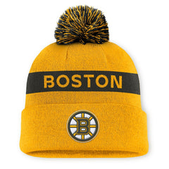 Boston Bruins Fanatics Women's Authentic Pro Rink Cuffed Knit Hat with Pom - Gold/Black - NHL
