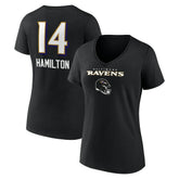 Kyle Hamilton Baltimore Ravens Women's Team Wordmark Player Name & Number V-Neck T-Shirt Black | NFL