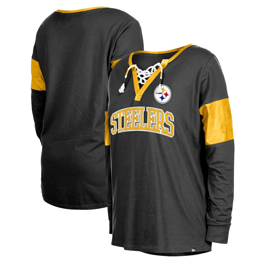 Pittsburgh Steelers New Era Women's Lace-Up Notch-Neck Long Sleeve T-Shirt Black | NFL