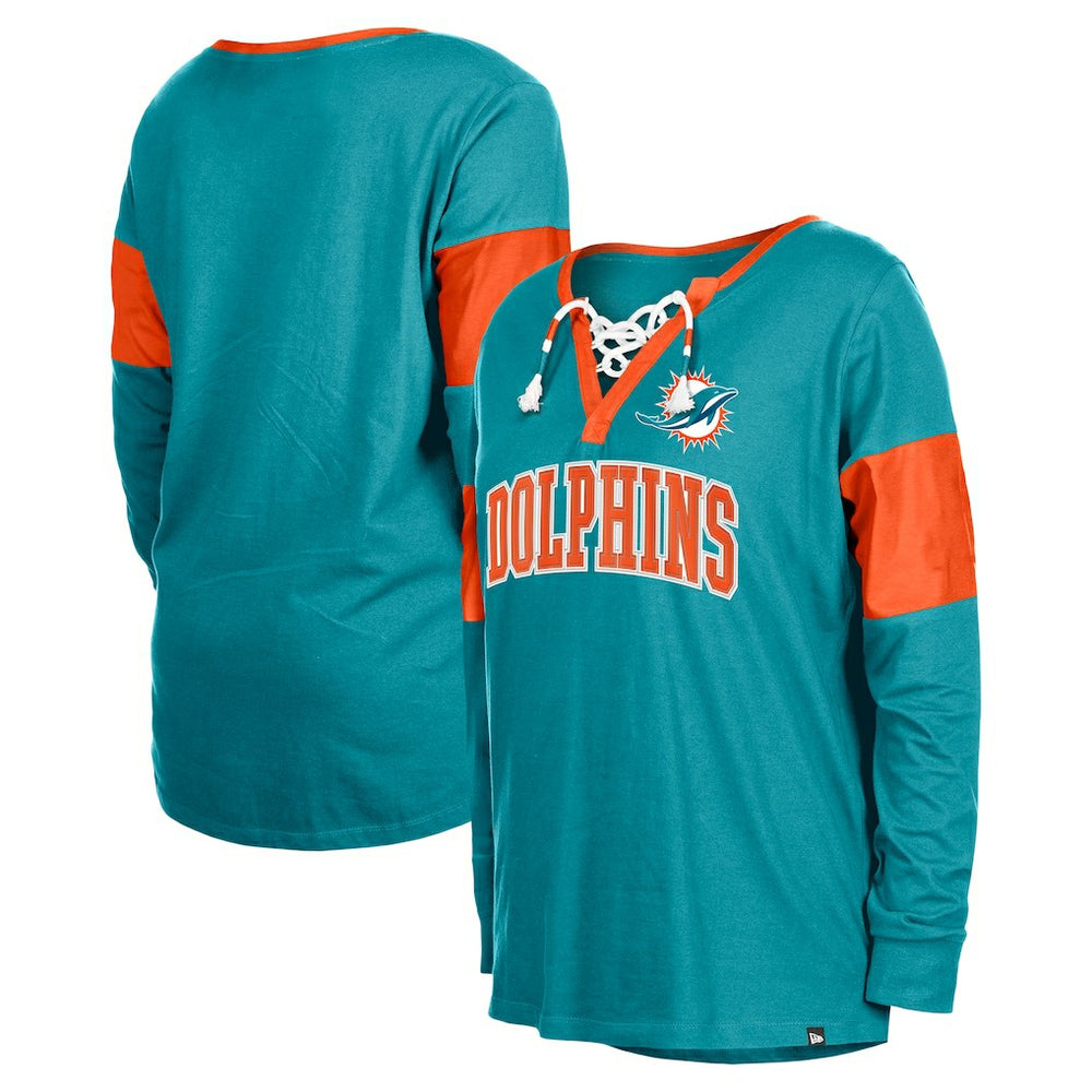 Miami Dolphins New Era Women's Lace-Up Notch-Neck Long Sleeve T-Shirt Aqua | NFL