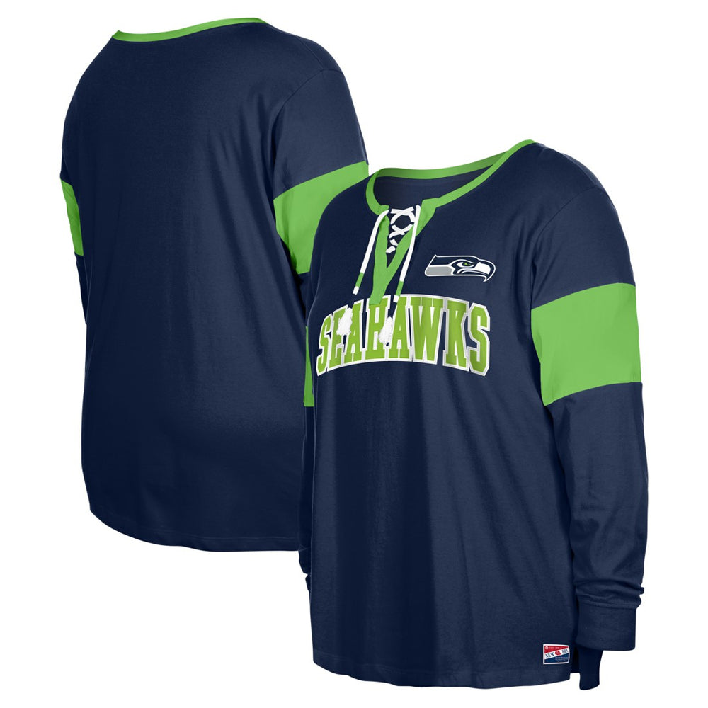 Seattle Seahawks New Era Women's Plus Size Lace-Up Notch Neck Long Sleeve T-Shirt College Navy | NFL