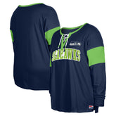 Seattle Seahawks New Era Women's Plus Size Lace-Up Notch Neck Long Sleeve T-Shirt College Navy | NFL