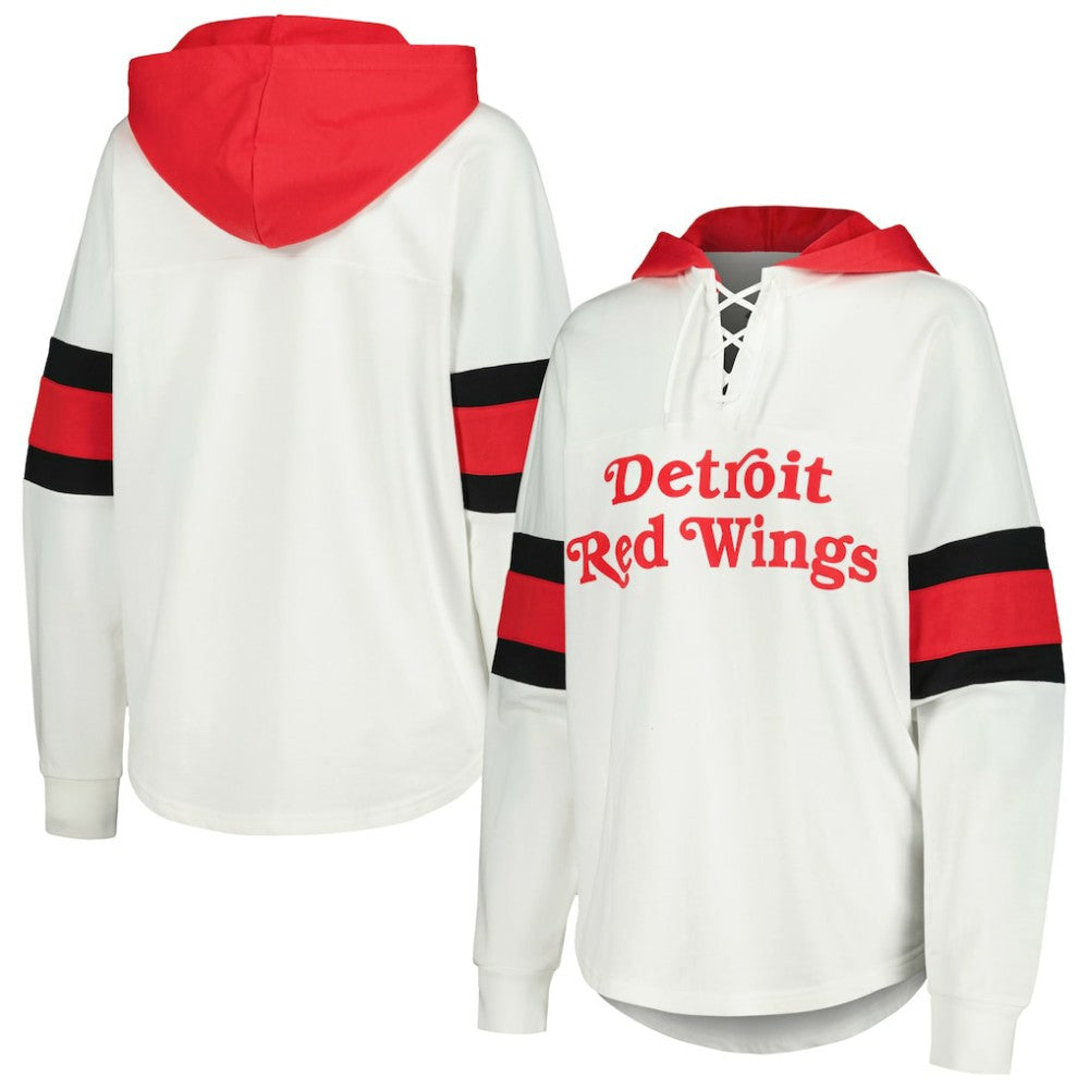 Detroit Red Wings G-III 4Her by Carl Banks Women's Goal Zone Long Sleeve Lace-Up Hoodie T-Shirt - White/Red - NHL