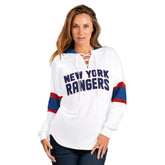 New York Rangers G-III 4Her by Carl Banks Women's Goal Zone Long Sleeve Lace-Up Hoodie T-Shirt - White/Blue - NHL