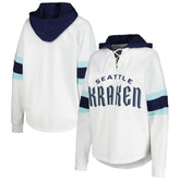 Seattle Kraken G-III 4Her by Carl Banks Women's Goal Zone Long Sleeve Lace-Up Hoodie T-Shirt - White/Deep Sea Blue - NHL