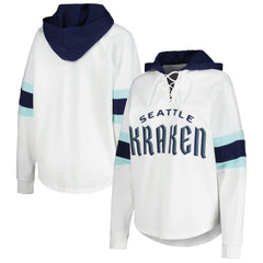 Seattle Kraken G-III 4Her by Carl Banks Women's Goal Zone Long Sleeve Lace-Up Hoodie T-Shirt - White/Deep Sea Blue - NHL
