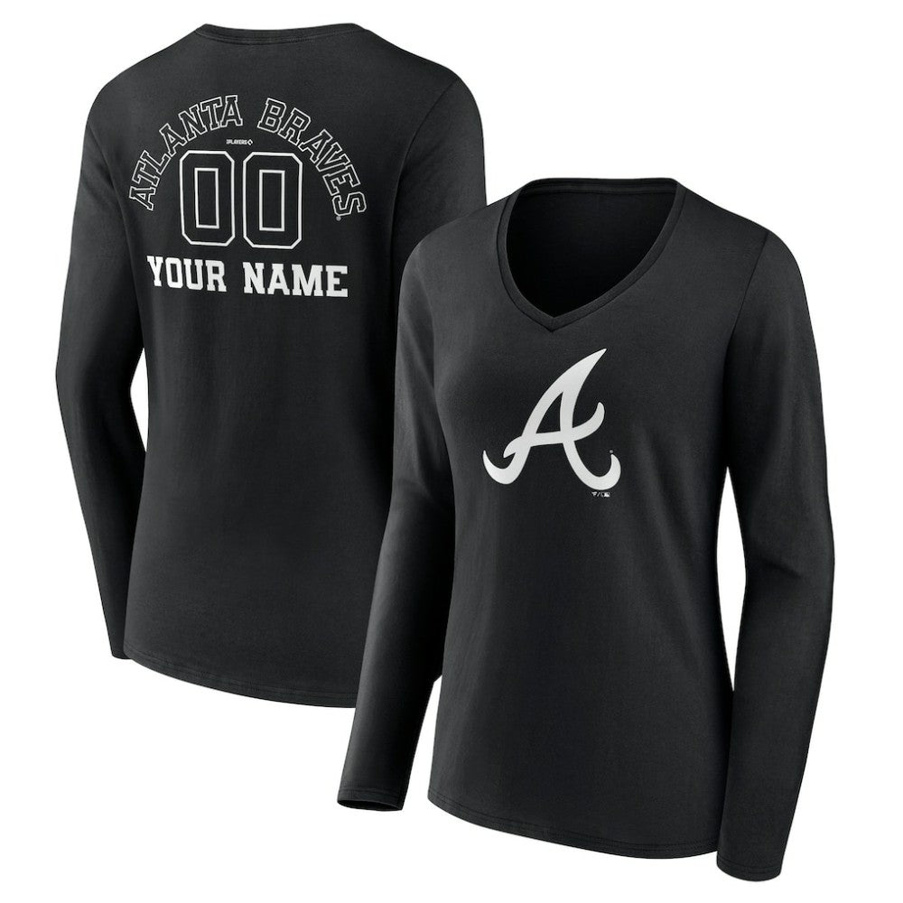Atlanta Braves Women's Monochrome Personalized Name & Number Long Sleeve V-Neck T-Shirt - MLB