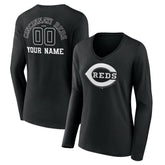 Cincinnati Reds Women's Monochrome Personalized Name & Number Long Sleeve V-Neck T-Shirt - MLB