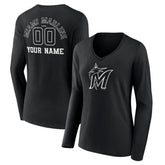 Miami Marlins Women's Monochrome Personalized Name & Number Long Sleeve V-Neck T-Shirt - MLB