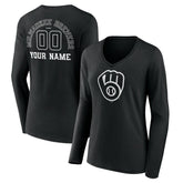 Milwaukee Brewers Women's Monochrome Personalized Name & Number Long Sleeve V-Neck T-Shirt - MLB