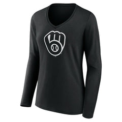 Milwaukee Brewers Women's Monochrome Personalized Name & Number Long Sleeve V-Neck T-Shirt - MLB