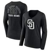 San Diego Padres Women's Monochrome Personalized Name & Number Long Sleeve V-Neck T-Shirt - MLB