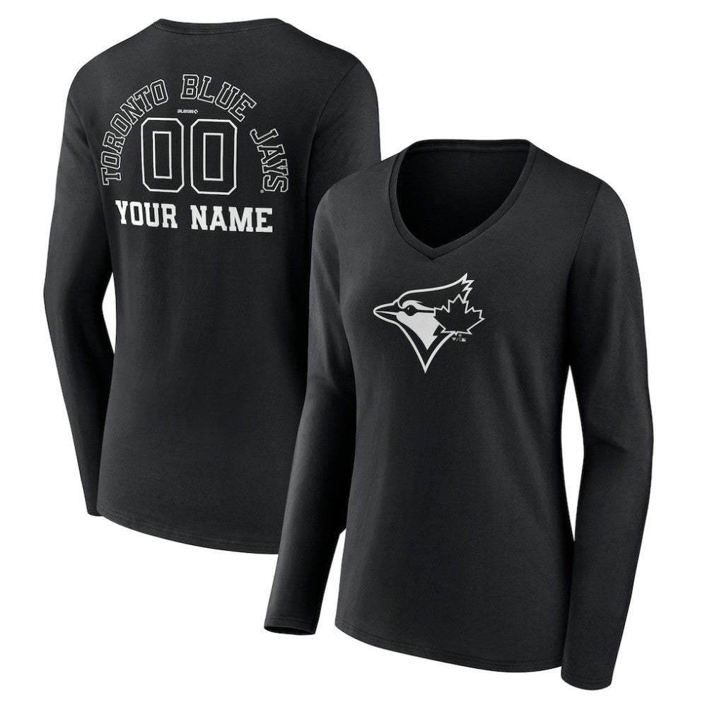 Toronto Blue Jays Women's Monochrome Personalized Name & Number Long Sleeve V-Neck T-Shirt - MLB