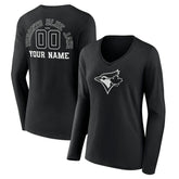 Toronto Blue Jays Women's Monochrome Personalized Name & Number Long Sleeve V-Neck T-Shirt - MLB