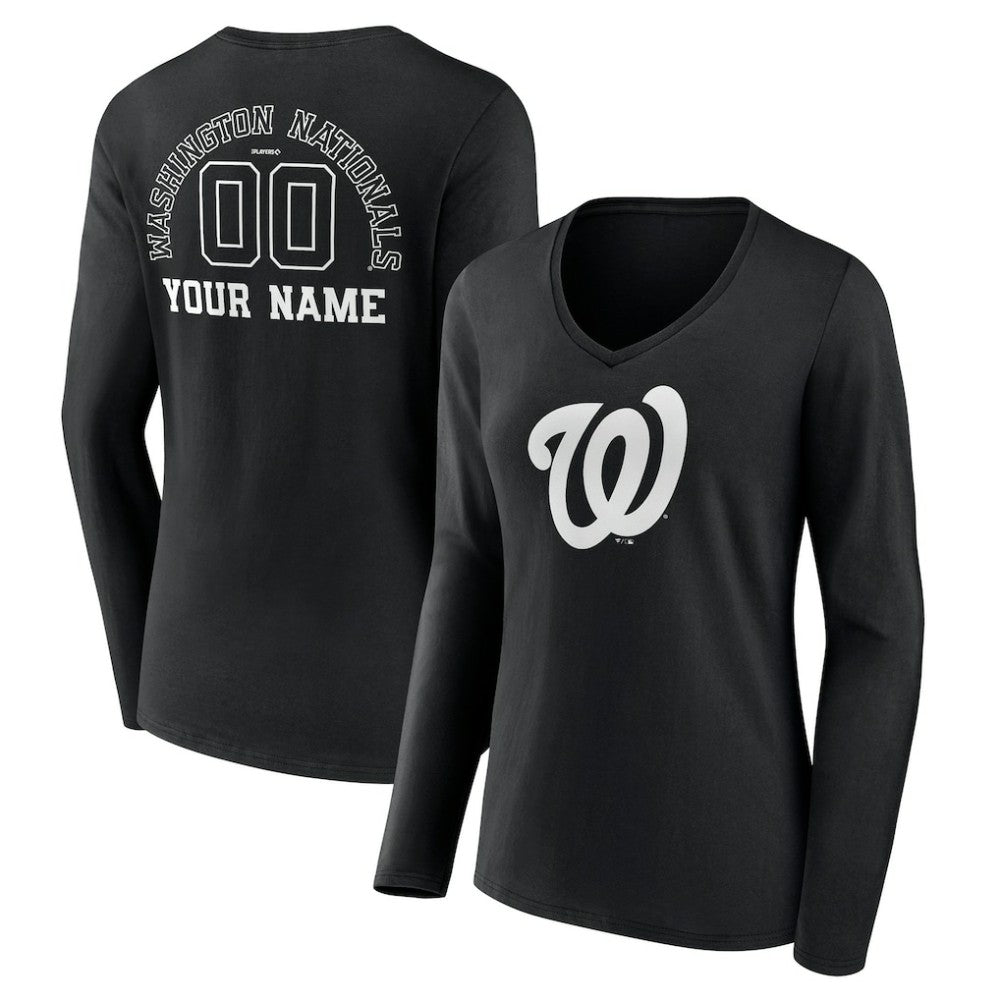 Washington Nationals Women's Monochrome Personalized Name & Number Long Sleeve V-Neck T-Shirt - MLB