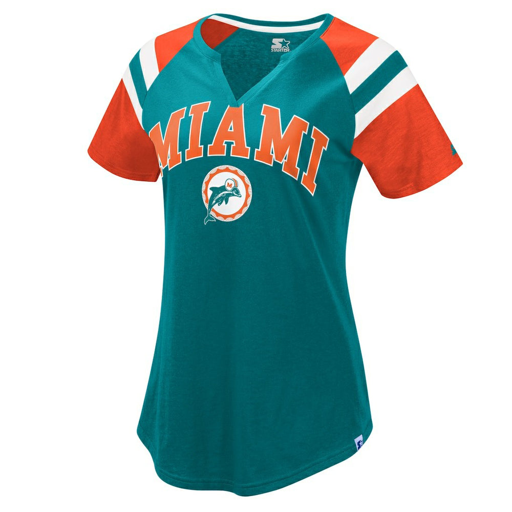 Miami Dolphins Starter Women's Game On Notch Neck Raglan T-Shirt Aqua/Orange | NFL