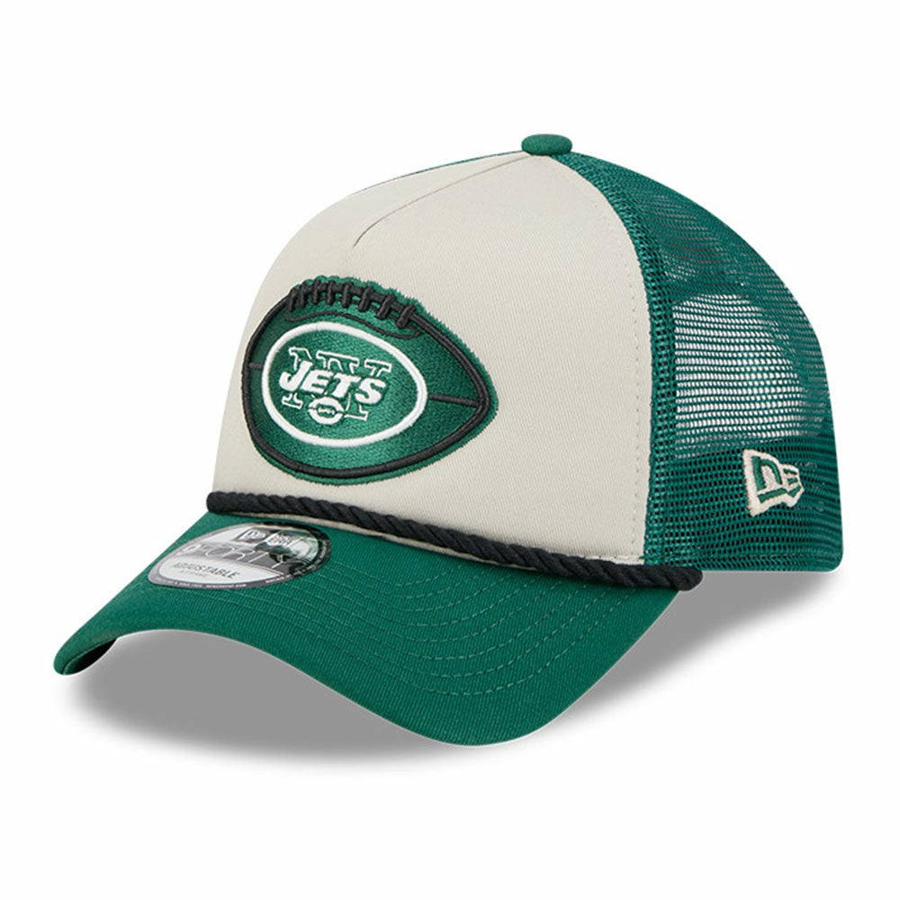 New York Jets New Era 2024 Sideline Historic 9FORTY A-Frame Trucker Adjustable Hat Stone/Green | NFL