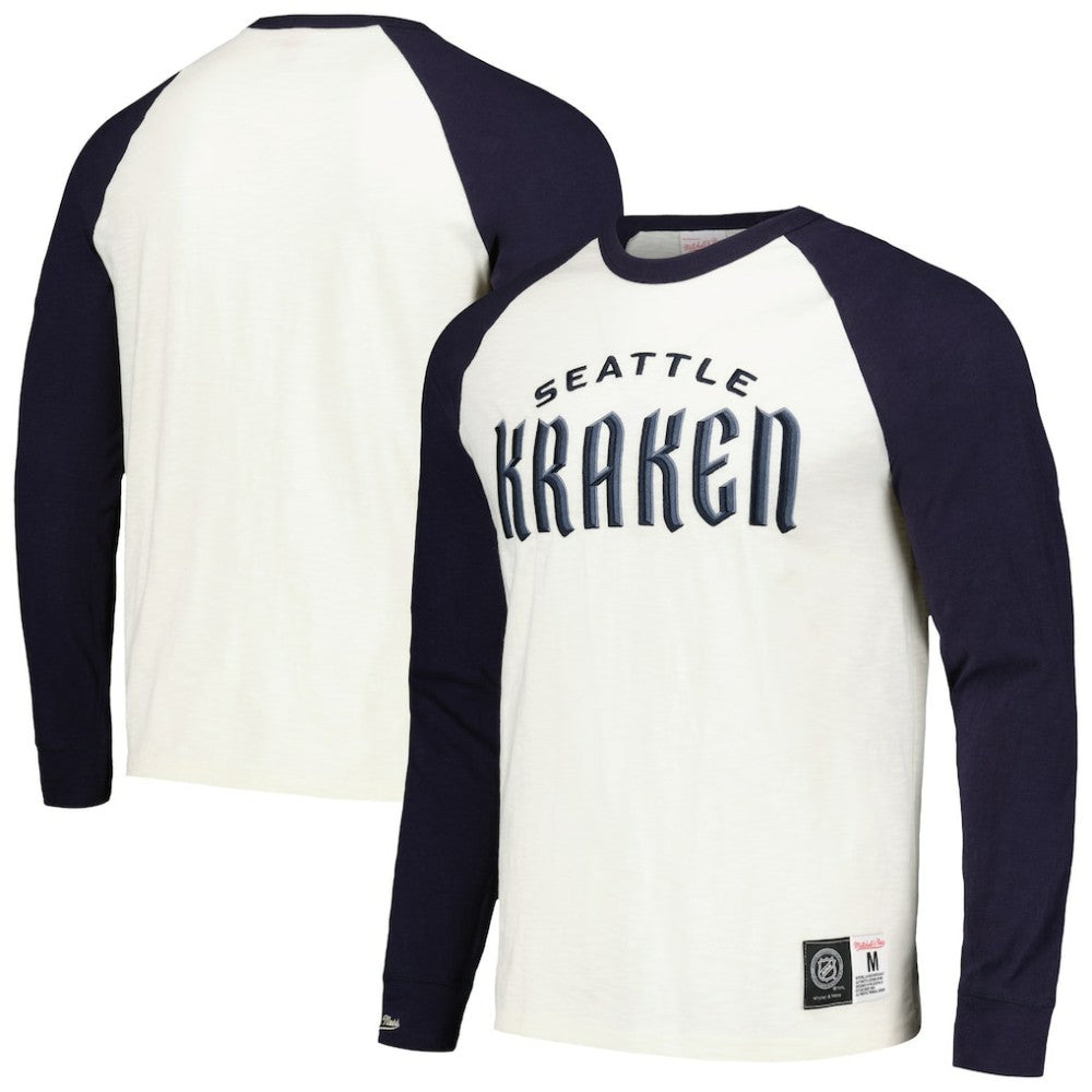 Seattle Kraken Mitchell & Ness Legendary Slub Vintage Raglan Long Sleeve T-Shirt - Cream - NHL