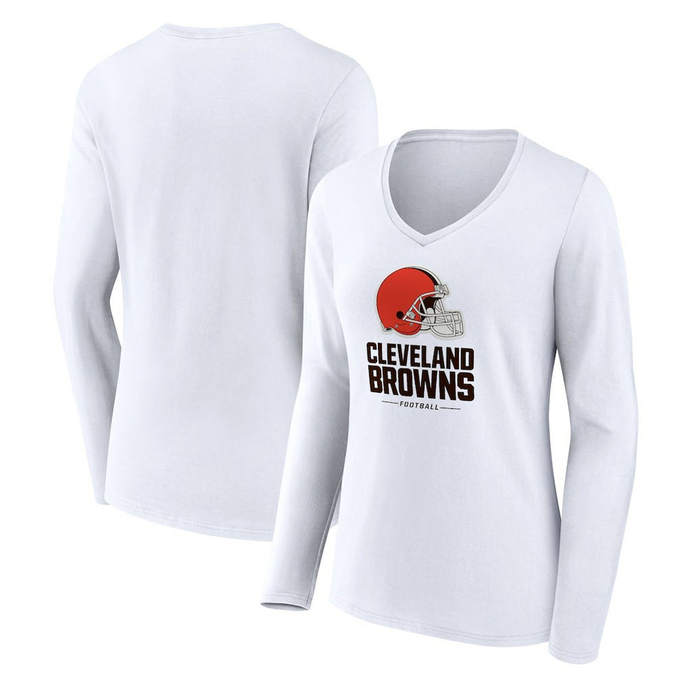Cleveland Browns Women's Team Lockup Long Sleeve V-Neck T-Shirt White | NFL