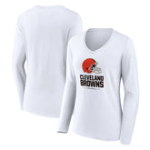 Cleveland Browns Women's Team Lockup Long Sleeve V-Neck T-Shirt White | NFL