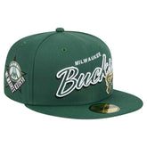 Milwaukee Bucks Sport Night Script Sided 59FIFTY Fitted Hat Hunter Green - NBA