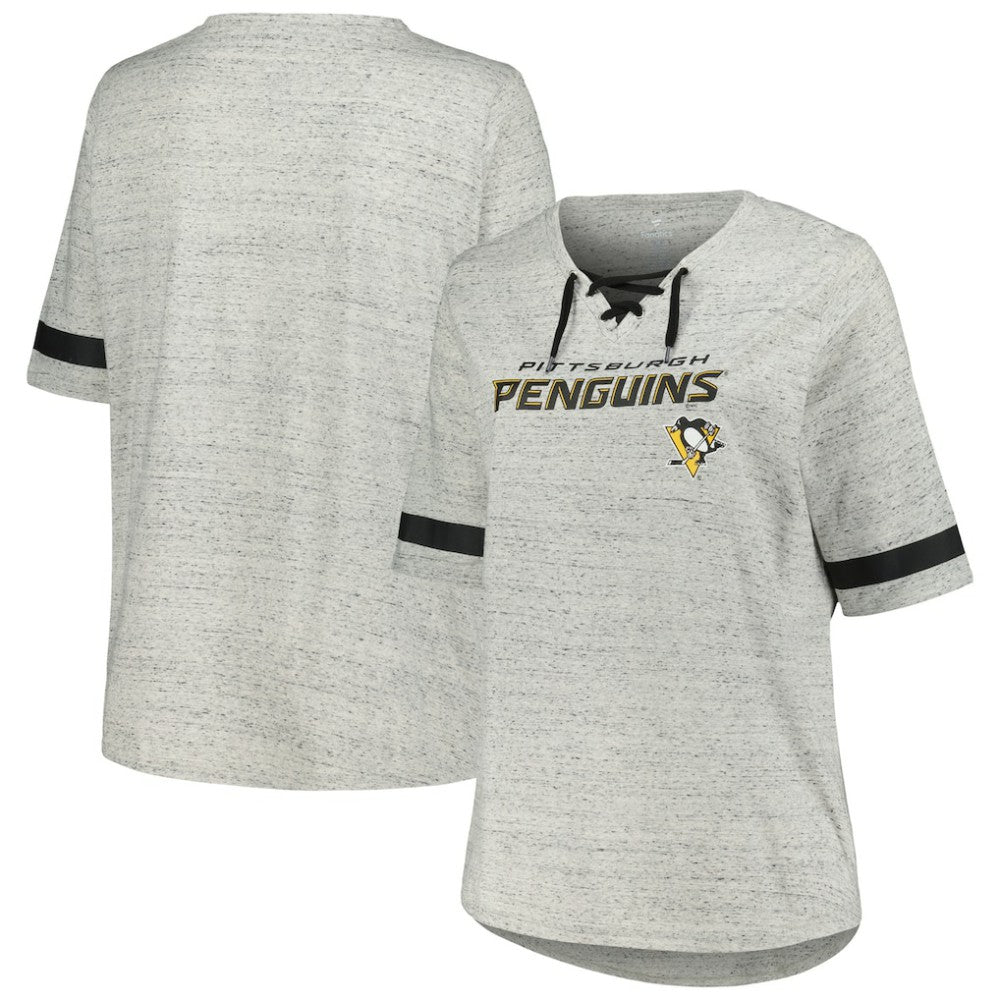 Pittsburgh Penguins Fanatics Women's Plus Size Lace-Up T-Shirt - Heather Gray - NHL