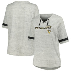 Pittsburgh Penguins Fanatics Women's Plus Size Lace-Up T-Shirt - Heather Gray - NHL