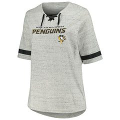 Pittsburgh Penguins Fanatics Women's Plus Size Lace-Up T-Shirt - Heather Gray - NHL