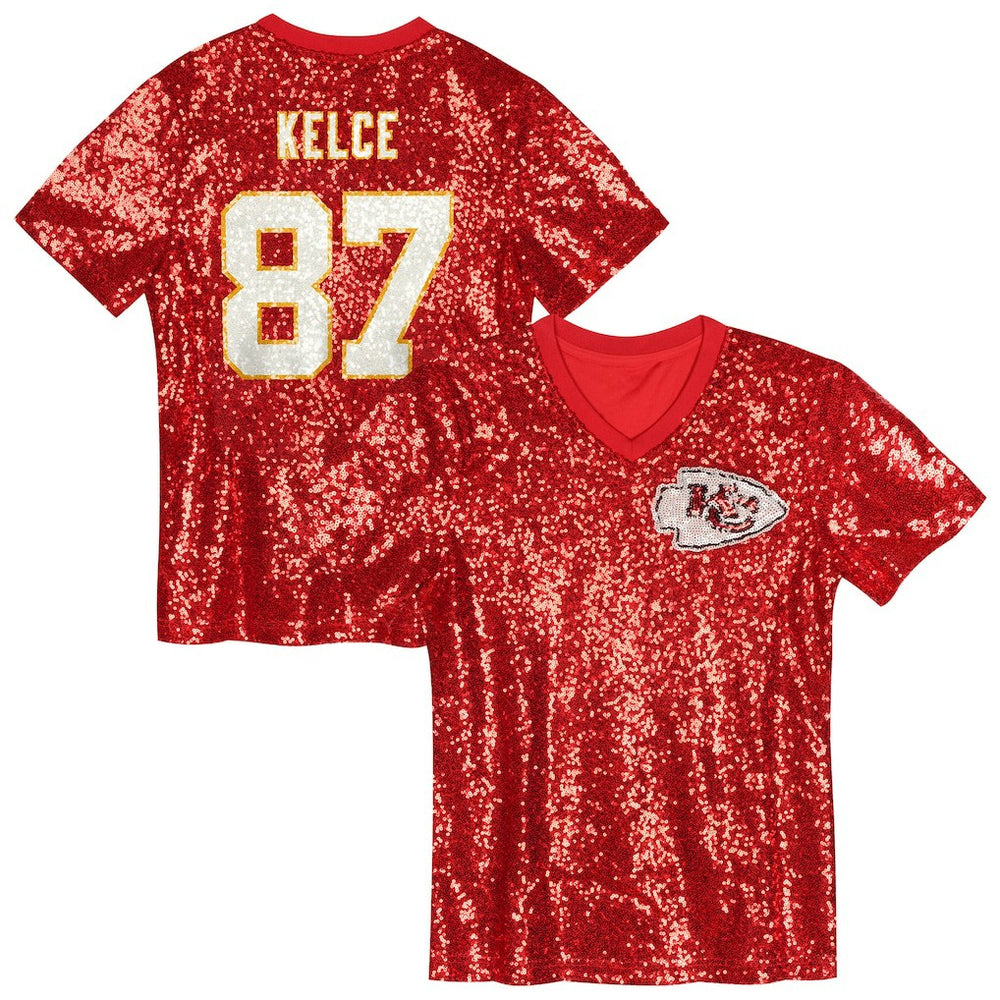 Travis Kelce Kansas City Chiefs Girls Youth Sequin V-Neck Fashion Jersey Red | NFL