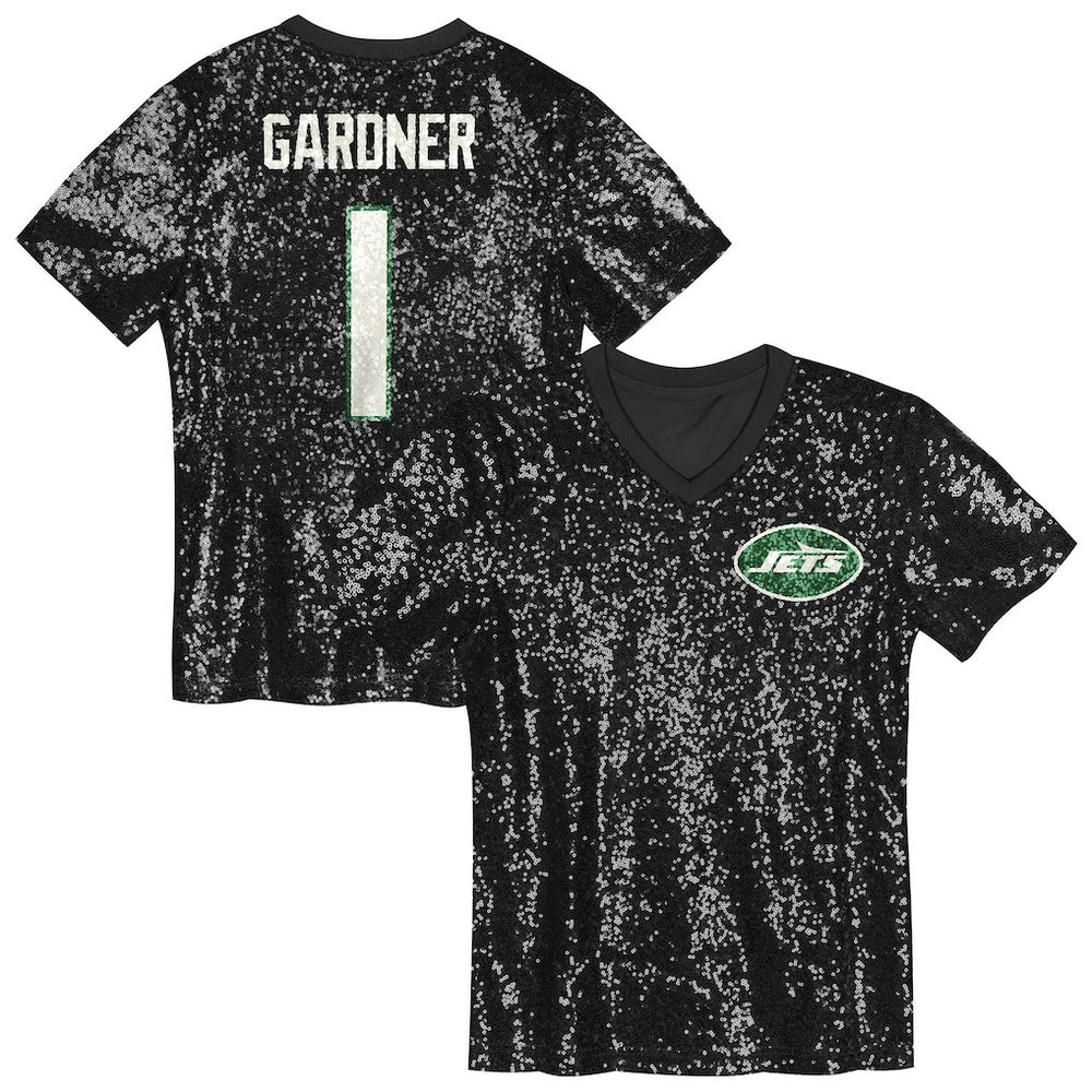 Sauce Gardner New York Jets Girls Youth Sequin V-Neck Fashion Jersey Black | NFL