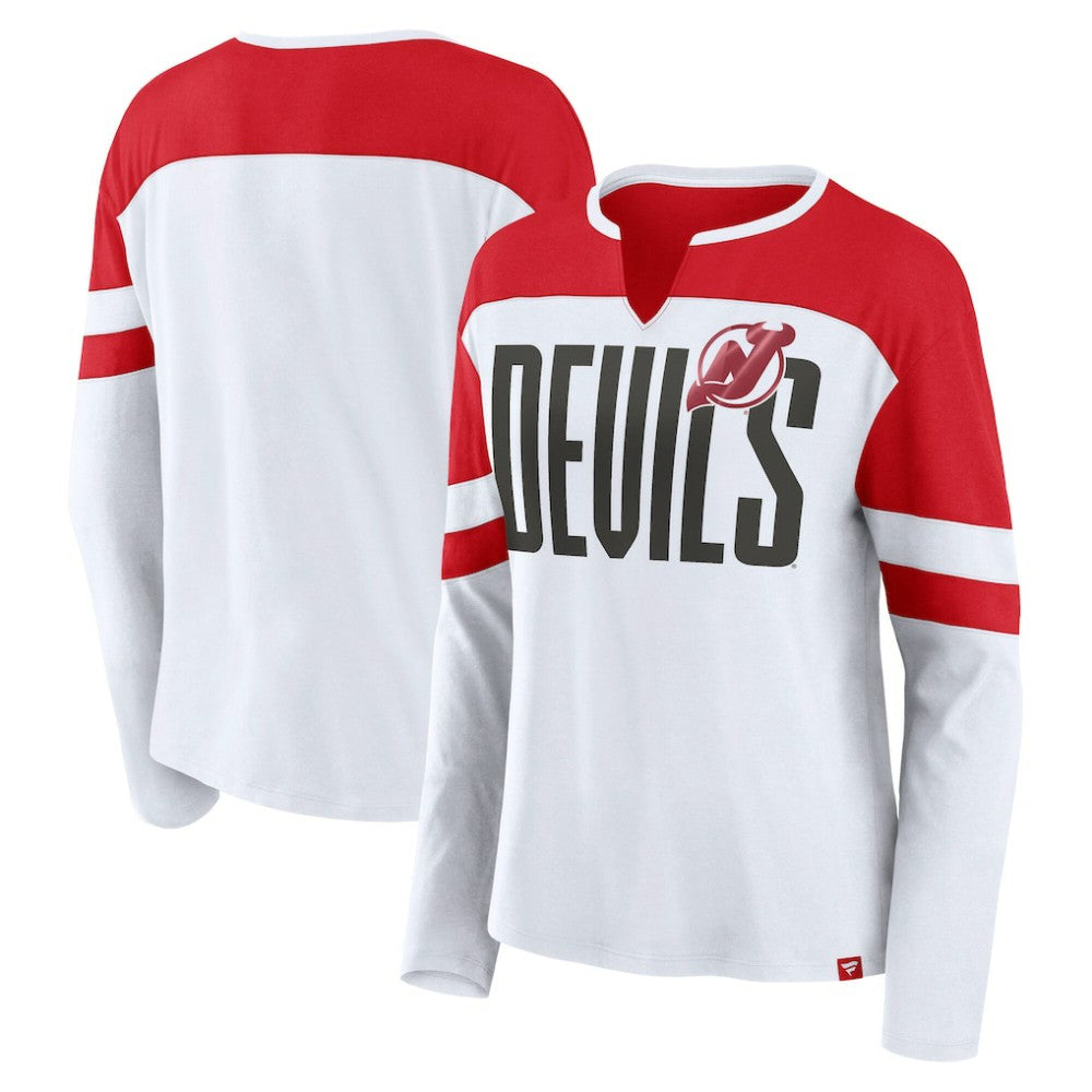 New Jersey Devils Fanatics Women's Frozen Long Sleeve Notch Neck T-Shirt - White/Red - NHL
