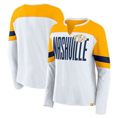 Nashville Predators Fanatics Women's Frozen Long Sleeve Notch Neck T-Shirt - White/Gold - NHL