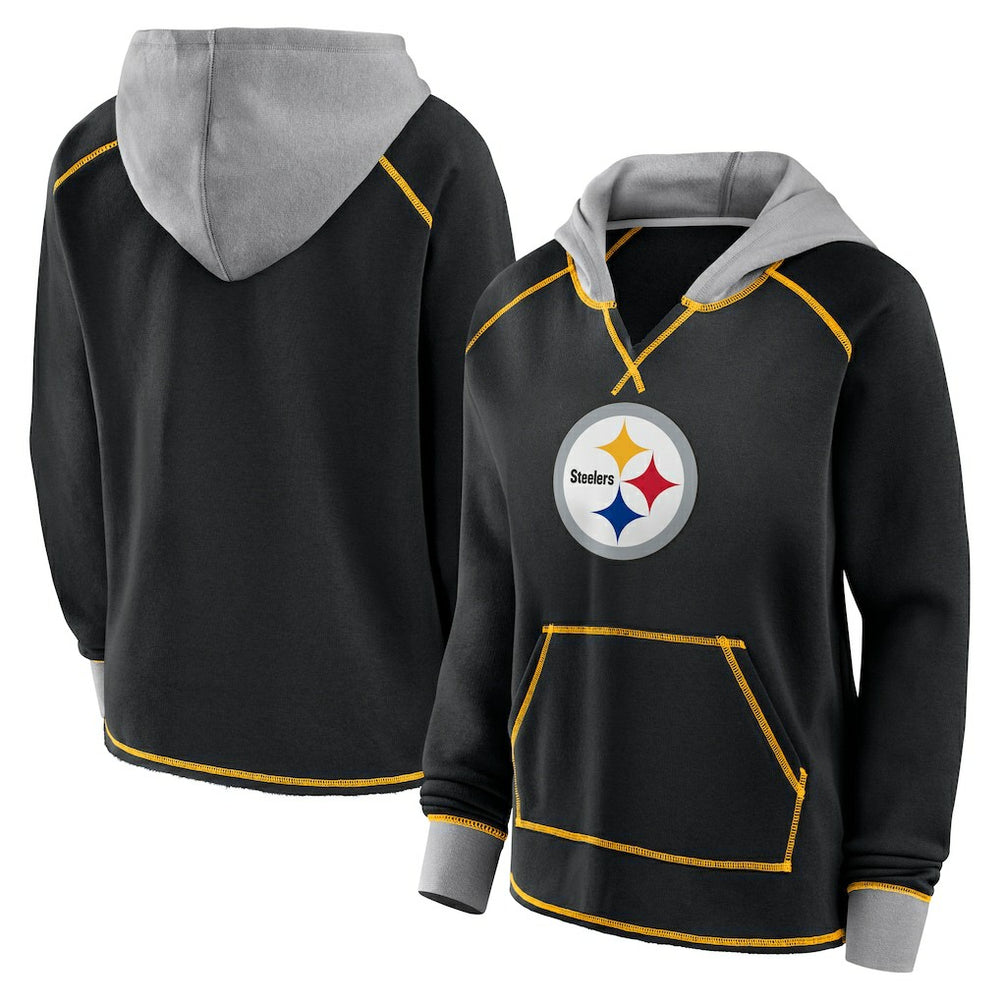 Pittsburgh Steelers Logo Athletic Women's Boom Fleece Pullover V-Neck Hoodie Black | NFL
