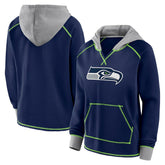 Seattle Seahawks Logo Athletic Women's Boom Fleece Pullover V-Neck Hoodie College Navy | NFL