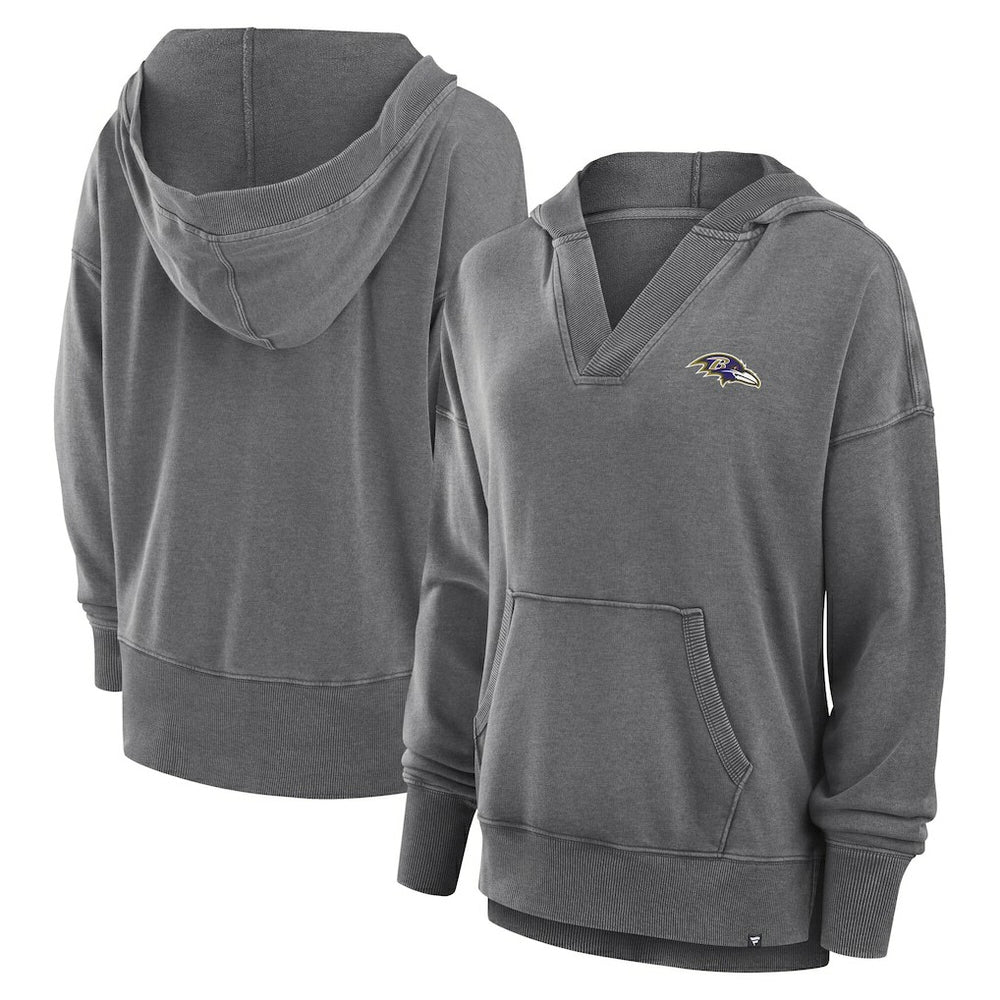 Baltimore Ravens Women's Initiative Snow Wash French Terry V-Neck Pullover Hoodie Heather Charcoal | Fanatics
