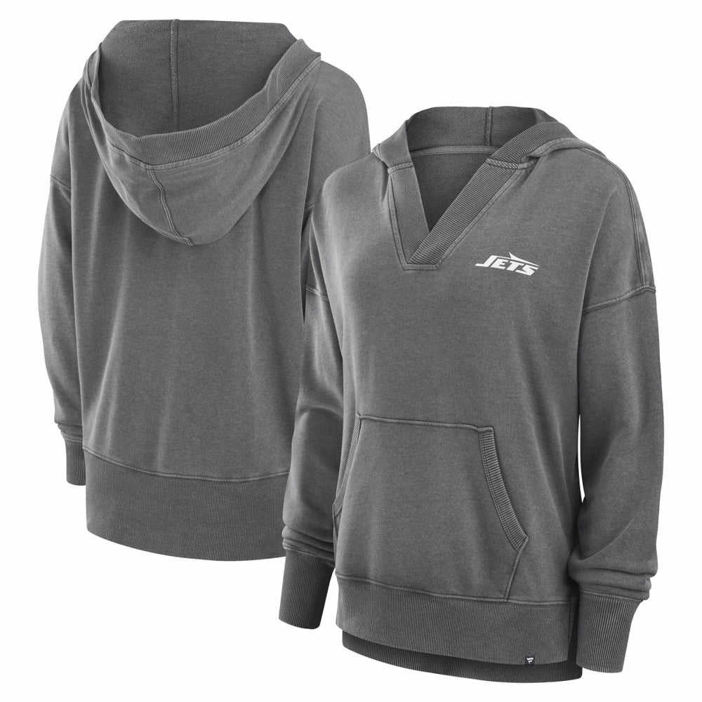 New York Jets Women's Initiative Snow Wash French Terry V-Neck Pullover Hoodie Heather Charcoal | Fanatics