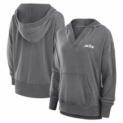 New York Jets Women's Initiative Snow Wash French Terry V-Neck Pullover Hoodie Heather Charcoal | Fanatics